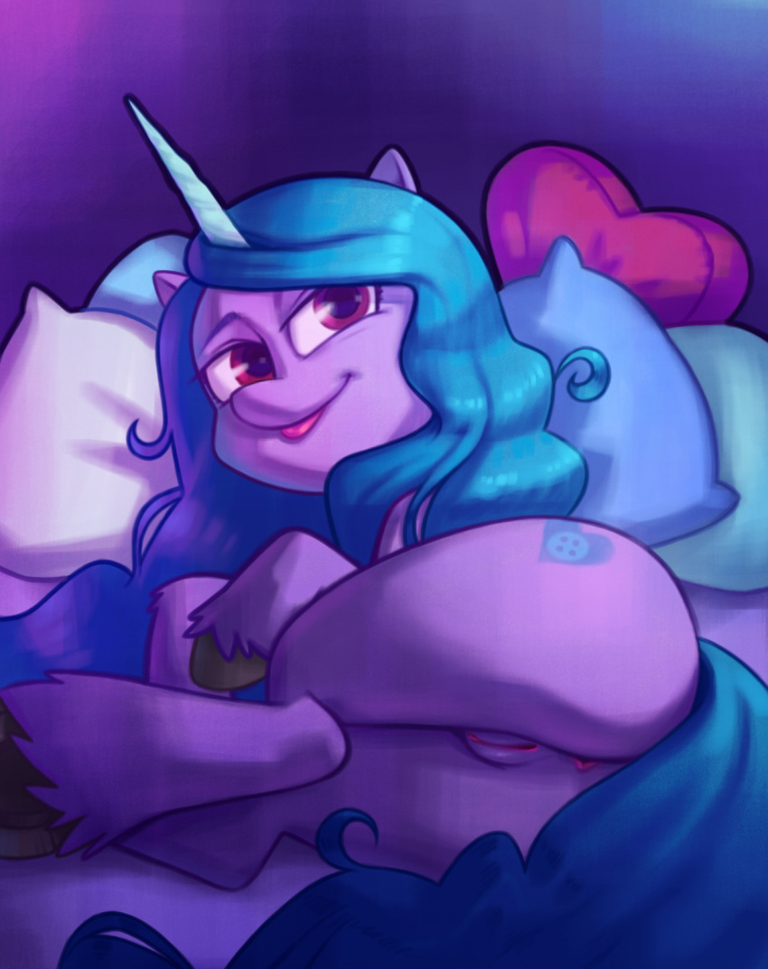 2021 anus aoncyth blue_hair butt cutie_mark equid equine female feral fur genitals hair hasbro hi_res horn humanoid_genitalia humanoid_pussy izzy_moonbow_(mlp) lying mammal mlp_g5 my_little_pony nude on_side pillow presenting presenting_hindquarters purple_body purple_fur pussy solo tongue tongue_out unicorn unicorn_horn