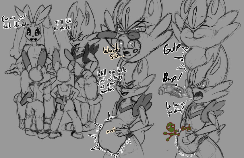 anthro anthro_pred anthro_prey anthrofied burping burping_up_clothes cinderace death digestion female female_prey group hi_res lagomorph leporid lopunny male male/female male_pred mammal melancholicmash minun nintendo oral_vore plusle pok&eacute;mon pok&eacute;mon_(species) rabbit short_stack size_difference video_games vore