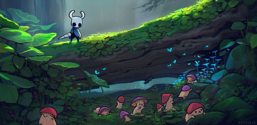 18.5:9 2021 absurd_res anthro day detailed_background digital_media_(artwork) elemental_creature elemental_humanoid forest fungi_fauna fungi_humanoid fungus grass group hi_res hollow_knight humanoid moss neytirix outside plant protagonist_(hollow_knight) team_cherry tree video_games video_in_description