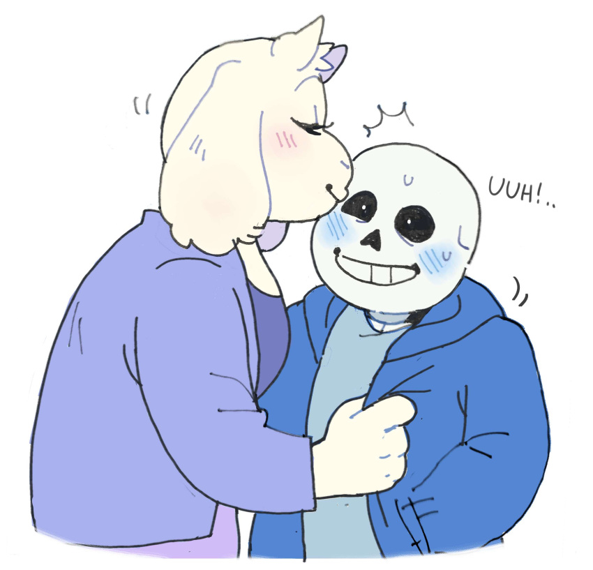 2021 animated_skeleton anthro blush bone boss_monster bovid caprine deltarune duo female flustered frejann_(artist) hi_res humanoid kissing_cheek male male/female mammal romantic romantic_couple sans_(undertale) simple_background skeleton toriel undead undertale undertale_(series) video_games white_background