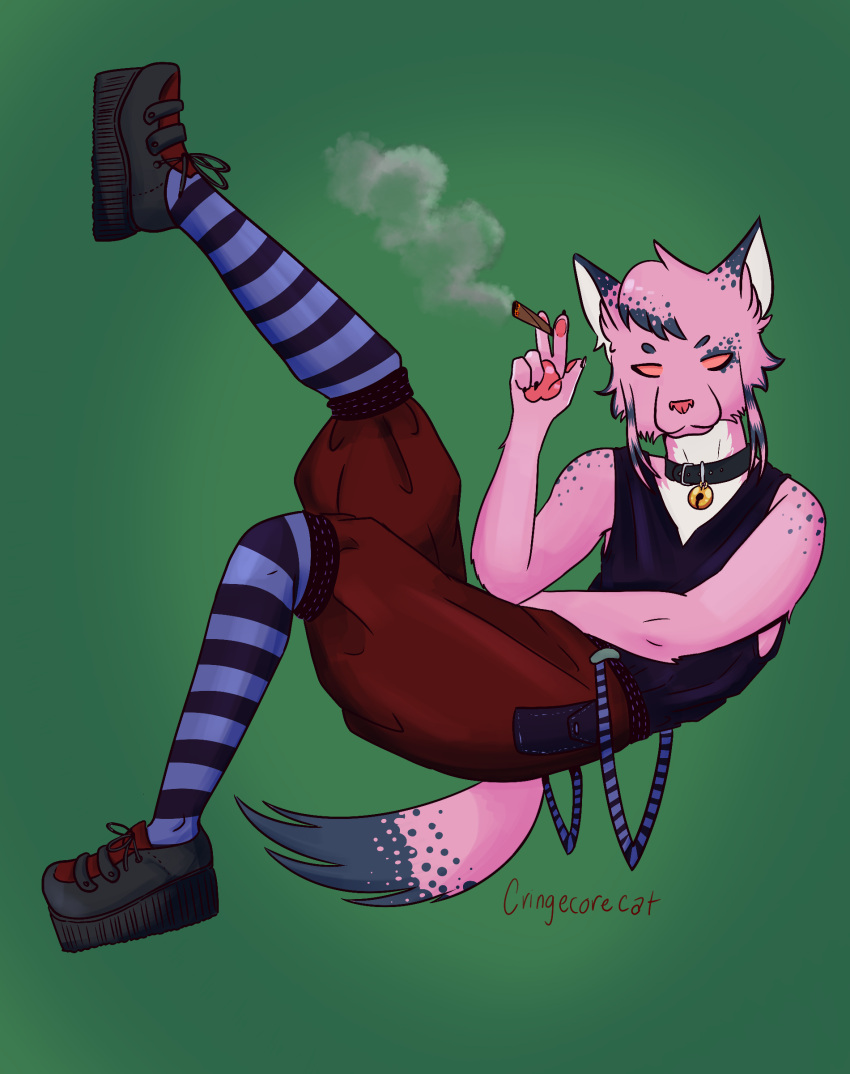 absurd_res anthro bottomwear clothing collar creepers cringecorecat demonias domestic_cat drugs felid feline felis footwear full-length_portrait fur hair hi_res kai(cringecorecat) legwear male mammal marijuana pink_body pink_fur pink_hair portrait shorts smoke smoking socks solo stripes suspenders thigh_highs thigh_socks