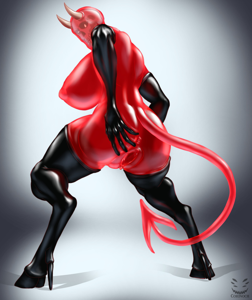 absurd_res anthro anus big_breasts big_butt boots breasts butt clitoris clothing corinoch_(artist) demon female footwear gaping gaping_pussy genitals gesture gloves goo_creature handwear hi_res high_heeled_boots high_heels hoof_boots latex_boots latex_gloves looking_at_viewer one_eye_closed pointing pointing_at_self presenting presenting_anus presenting_hindquarters presenting_pussy pussy rubber rubber_boots solo spade_tail spread_butt spread_pussy spreading succubus translucent translucent_body wink winking_at_viewer