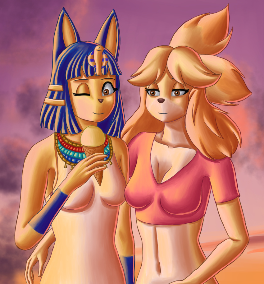 2021 absurd_res animal_crossing ankha_(animal_crossing) anthro blue_body blue_fur blue_hair breasts brown_eyes canid canine canis clothing demongirl_demoness dessert digital_drawing_(artwork) digital_media_(artwork) domestic_cat domestic_dog dress duo egyptian egyptian_headdress felid feline felis female floppy_ears food fur hair half-closed_eyes half-length_portrait headdress hi_res holding_food holding_object ice_cream isabelle_(animal_crossing) mammal multicolored_body multicolored_fur narrowed_eyes navel nintendo one_eye_closed orange_body orange_fur pink_clothing portrait shih_tzu shirt simple_background smile topwear toy_dog video_games white_body white_clothing white_fur yellow_body yellow_fur