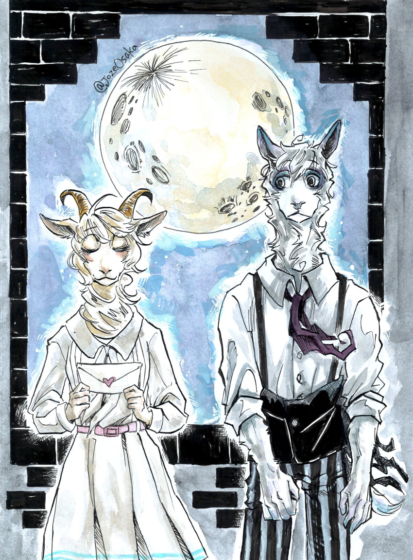 2021 5_fingers alpaca angora_goat anthro beastars bottomwear bovid camelid caprine clothed clothing domestic_goat dress dress_shirt duo els_(beastars) eyes_closed female fingers full_moon fur goat hi_res horn humanoid_hands joze_osaka letter looking_at_another love_letter male male/female mammal moon necktie pants pattern_bottomwear pattern_clothing pattern_pants school_uniform shirt signature standing striped_bottomwear striped_clothing striped_pants stripes suspenders tem_(beastars) topwear torn_clothing uniform wool_(fur)