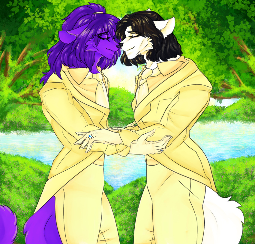 anthro black_hair canid canine canis cassielink digit_ring digital_drawing_(artwork) digital_media_(artwork) duo fluffy fur glistening glistening_body glistening_skin hair hi_res jewelry male male/male mammal noses_touching nuzzling purple_body purple_fur purple_hair ring romantic romantic_couple sketch suits wedding wedding_ring wolf