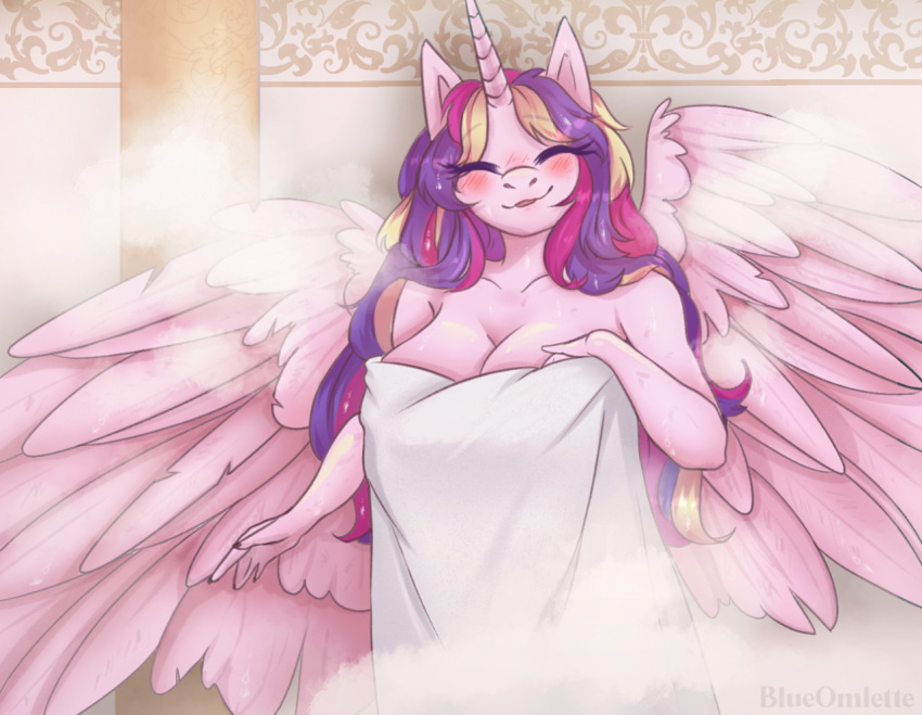 2021 anthro blueomlette blush breasts equid equine eyebrows eyelashes eyes_closed feathered_wings feathers female friendship_is_magic fur hair horn long_hair looking_at_viewer mammal mature_female multicolored_hair my_little_pony pink_body pink_fur princess_cadance_(mlp) sauna smile smiling_at_viewer solo spread_wings steam towel towel_only winged_unicorn wings