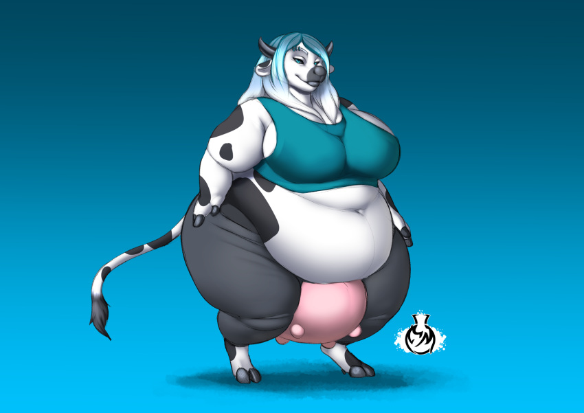 anthro belly_overhang belly_rolls bovid bovine cattle chubby_female clothing female fountain_malchemy hair hi_res lips love_handles mammal navel obese overweight pudgy_belly solo teats thick_bottom_lip udders