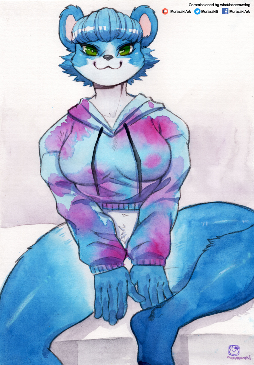 absurd_res anthro bangs big_breasts biped bottomless breasts clothed clothing crop_top female fur hair hi_res hoodie looking_at_viewer mammal murazaki painting_(artwork) shirt sitting smile solo topwear traditional_media_(artwork) ursid watercolor_(artwork)