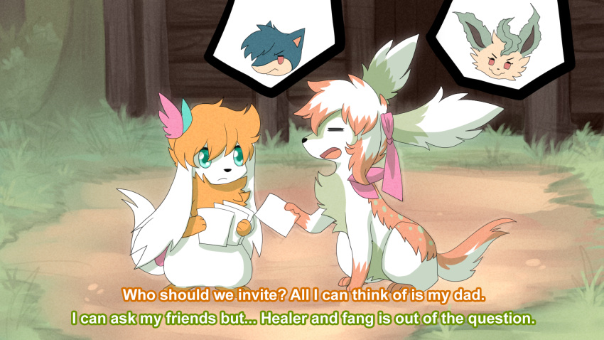 16:9 ambiguous_gender anthro ashley_(shaymin) black_nose bow_ribbon chest_tuft detailed_background dialogue duo_focus eeveelution english_text feral flower fur green_eyes group headshot_portrait hi_res leafeon legendary_pok&eacute;mon long_ears multicolored_body multicolored_fur nintendo open_mouth paper plant pok&eacute;mon pok&eacute;mon_(species) portrait quilava red_eyes ruka_vaporeon shaymin sigh sky_forme_shaymin spacesmilodon text tuft video_games white_body white_fur widescreen yellow_body yellow_fur