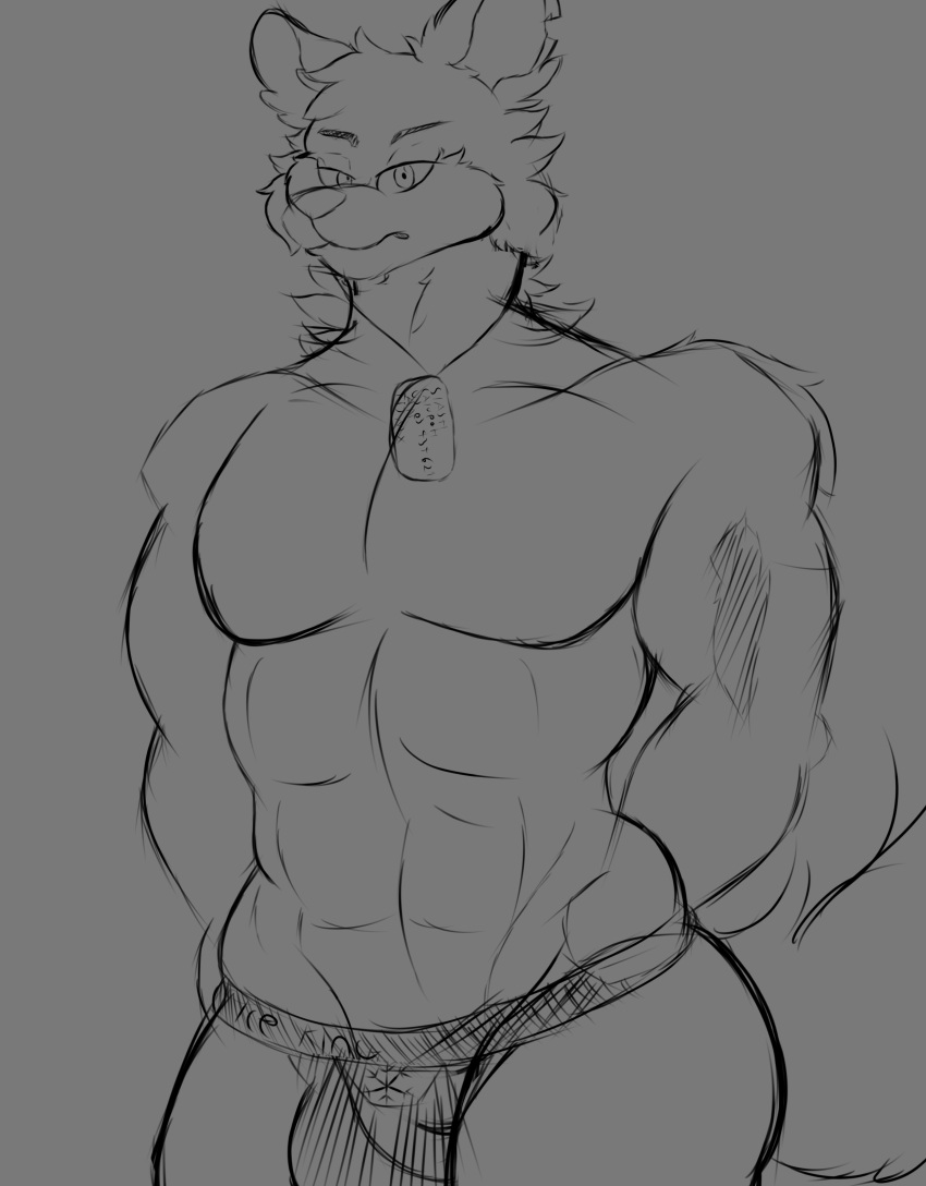 absurd_res anthro bulge calupoh canid canine canis clothed clothing darkandlife2 dog_tags domestic_dog hi_res jockstrap jockstrap_only male mammal monochrome muscular muscular_anthro muscular_male scar sketch solo underwear underwear_only unfinished