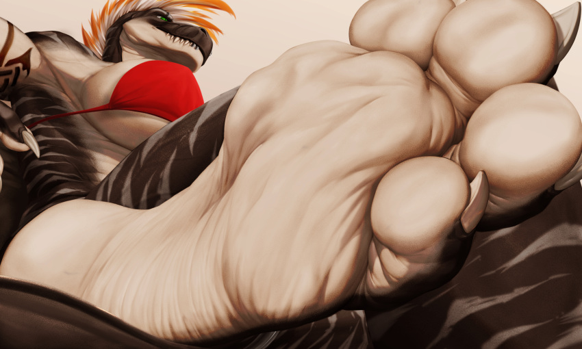 4_toes 5:3 absurd_res anthro barefoot bikini breasts clothing countershade_feet countershading dinosaur feet female foot_fetish foot_focus hi_res low-angle_view mtfoxx plantigrade reptile scalie soles solo swimwear toes