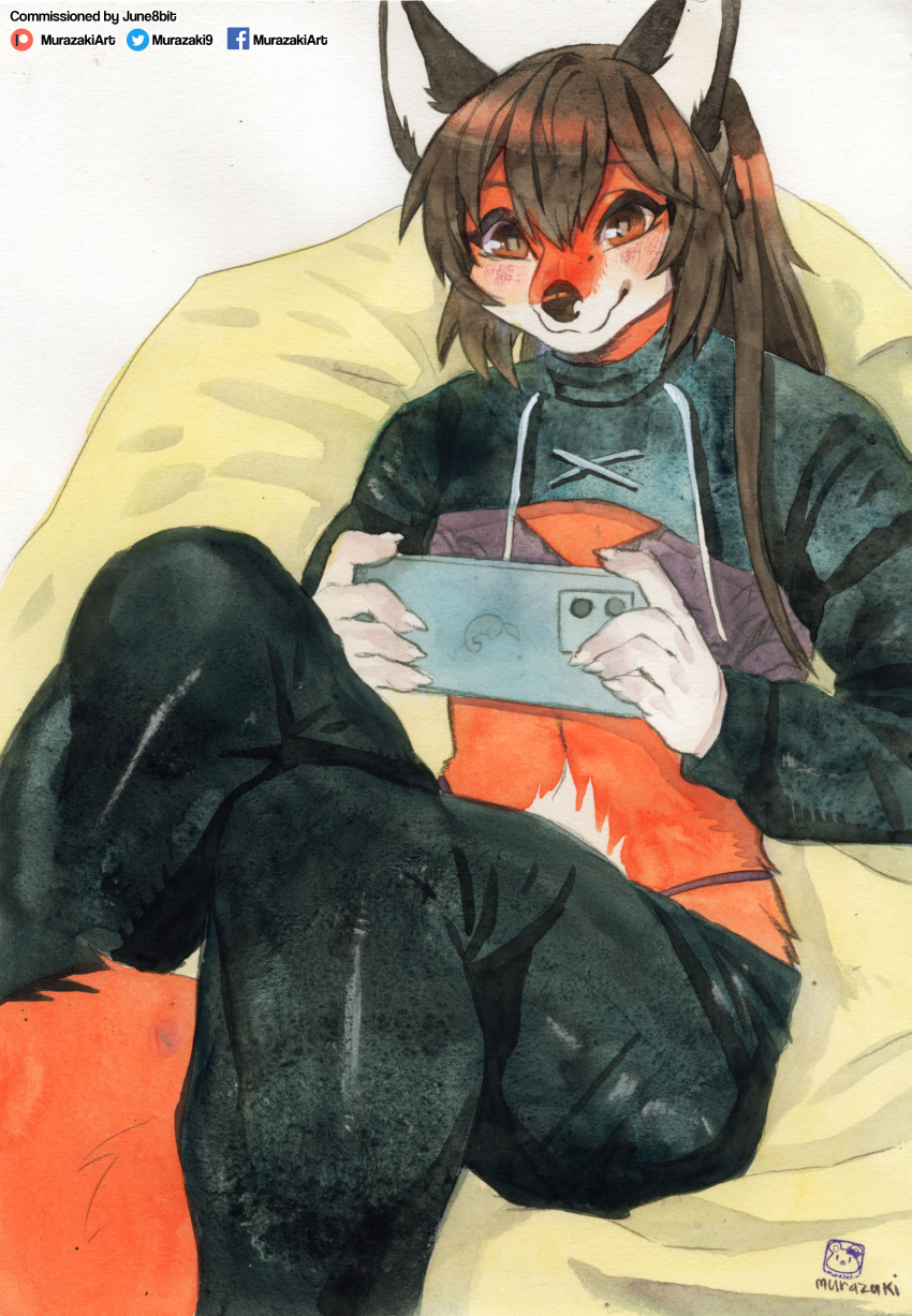 absurd_res anthro bean_bag biped blush bra canid canine cellphone clothed clothing female fox fur hair hi_res holding_object hoodie mammal midriff murazaki navel painting_(artwork) phone simple_background sitting smartphone smile solo topwear traditional_media_(artwork) underwear watercolor_(artwork) white_background