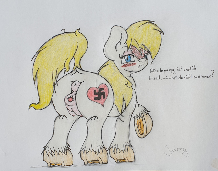 anatomically_correct anatomically_correct_anus animal_genitalia animal_pussy anus aryanne_(character) blonde_hair blue_eyes blush butt clitoris cutie_mark earth_pony equid equine equine_anus equine_pussy fan_character female feral friendship_is_magic fur genitals graphite_(artwork) hair hasbro hi_res hooves horse johrnyreport looking_at_viewer mammal my_little_pony nazi nipples nude open_mouth pencil_(artwork) pony pussy raised_hoof simple_background smile solo swastika teats text traditional_media_(artwork) white_background