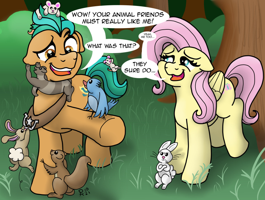 angel_(mlp) detailed_background english_text equid equine feathered_wings feathers female feral fluttershy_(mlp) forest friendship_is_magic group hasbro hi_res hitch_trailblazer_(mlp) lagomorph leporid male mammal mlp_g5 my_little_pony outside pegasus plant pony-thunder rabbit text tree wings yellow_body yellow_feathers