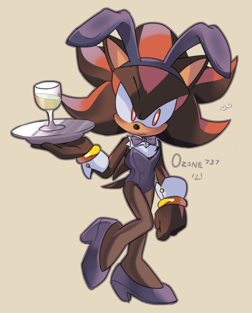 alcohol anthro beverage blush bow_tie bunny_costume clothed clothing container costume crossdressing cup drinking_glass eulipotyphlan fake_ears fake_rabbit_ears girly glass glass_container glass_cup hedgehog hi_res high_heels holding_object male mammal ozone737 plate sega shadow_the_hedgehog solo sonic_the_hedgehog_(series) suit wine wine_glass