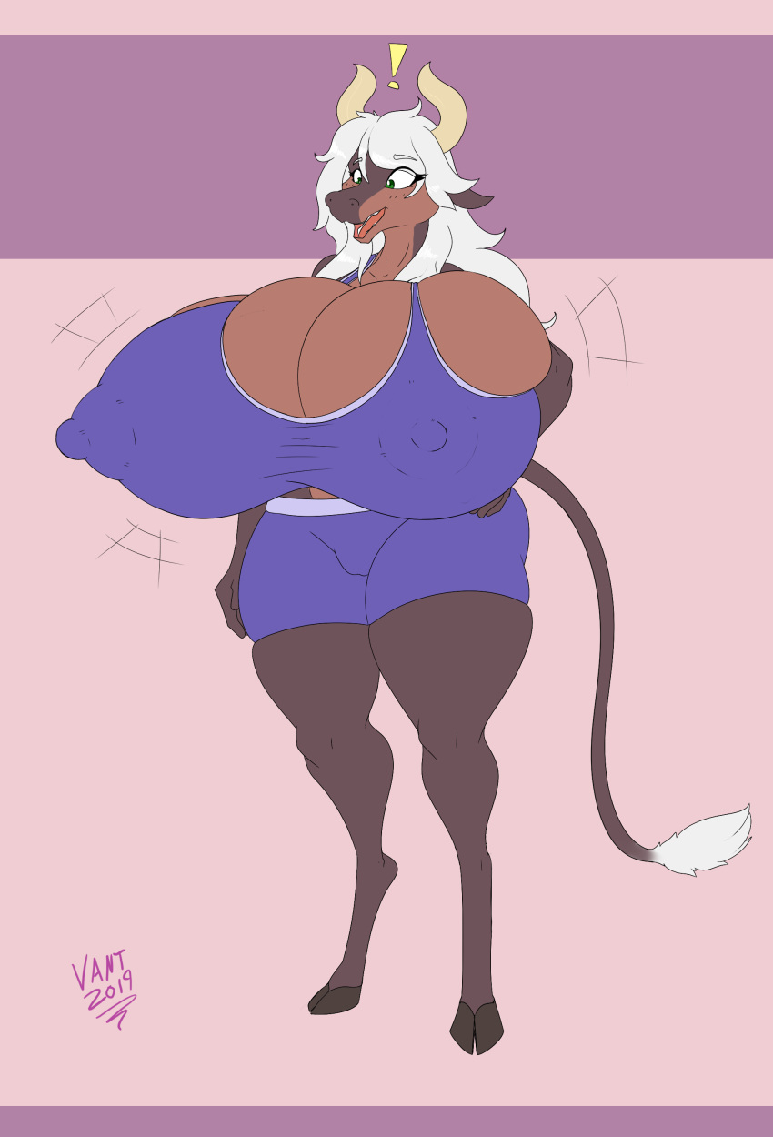! 2019 absurd_res anthro big_breasts biped bottomwear bovid bovine breast_expansion breasts brown_body brown_fur cattle clothing countershade_fur countershading expansion female fur green_eyes hair hand_on_hip hi_res hooves horn hotpants huge_breasts hyper hyper_breasts long_hair mammal nipple_outline shorts signature solii_(gizmo1205) solo tail_tuft tan_body tan_fur tuft vant_talon white_hair year