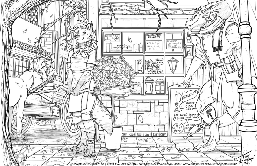 anthro black_and_white broom city cleaning_tool clothed clothing dragon english_text equid equine female feral group horse human hyaenid male mammal monochrome stasis_delirium text url