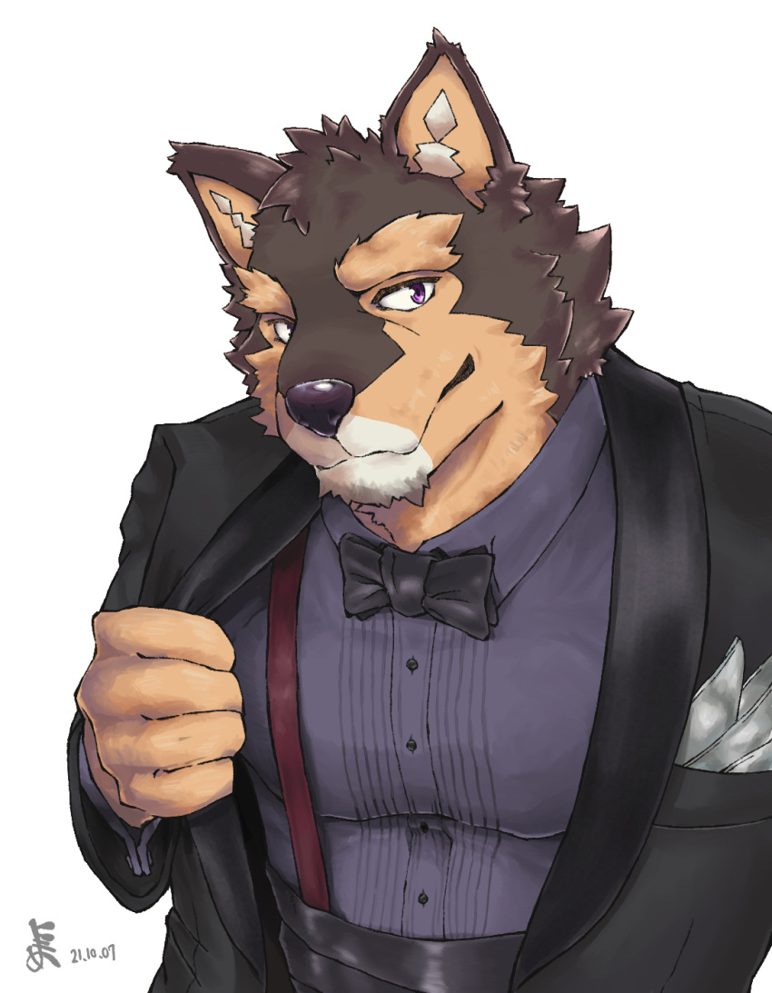 anthro bow_tie brown_body brown_fur canid canine canis clothing domestic_dog fur hi_res lifewonders live-a-hero male mammal muscular muscular_anthro muscular_male necktie nmmba9 pecs pubraseer solo suit suspenders video_games