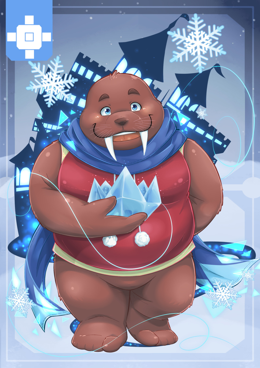 2020 absurd_res anthro aotoaka belly blush brown_body castle clothing hi_res humanoid_hands ice kemono male mammal marine overweight overweight_male pinniped scarf shirt solo topwear walrus