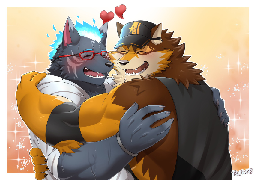 &lt;3 absurd_res anthro barrel_(live-a-hero) black_body black_fur blush canid canine canis chuurow clothing duo embrace eyewear fire flaming_hair flaming_mane fur furlong_(live-a-hero) glasses hat headgear headwear hi_res hug hyaenid lifewonders live-a-hero male male/male mammal multicolored_body multicolored_fur muscular muscular_anthro muscular_male pseudo_hair pseudo_mane romantic romantic_couple shirt smile tank_top topwear video_games wolf