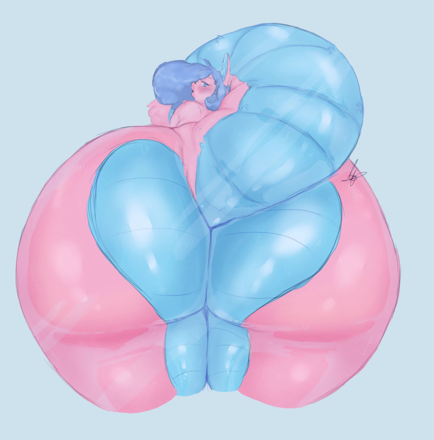against_surface anthro big_butt blue_body blue_hair blue_skin blush butt dragon female fish hair hi_res huge_butt hybrid hyper hyper_butt lips looking_at_viewer marine on_glass petals_(petalspoofy) pink_body pooferbaby solo thick_lips thick_tail thick_thighs