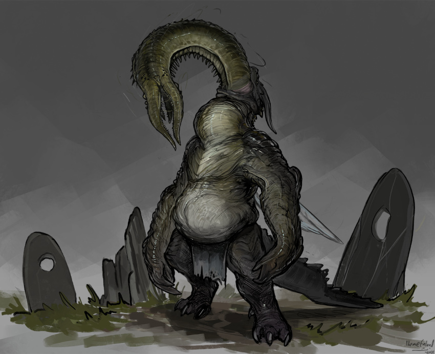 2021 ambiguous_gender annelid anthro claws clothed clothing corpse death digital_media_(artwork) dragon grass green_body green_scales infestation monster parasite plant scales scalie shirtless solo standing themefinland toe_claws undead zombie