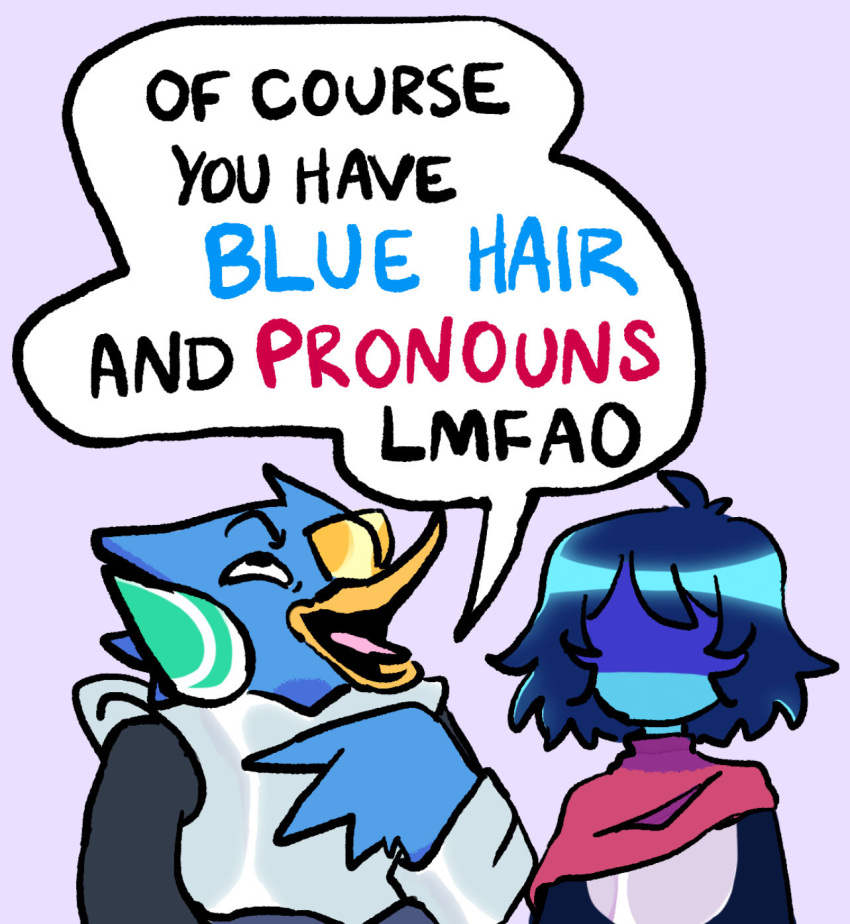 ambiguous_gender anthro armor avian beak berdly bird black_text blue_body blue_feathers blue_hair blue_skin blue_text clothed clothing deltarune dialogue duo english_text feathers fully_clothed hair hi_res highlighted_text human humor krillionaire kris_(deltarune) lol_comments male mammal mocking red_text scouter simple_background smug speech_bubble standing text tongue undertale_(series) video_games yellow_beak