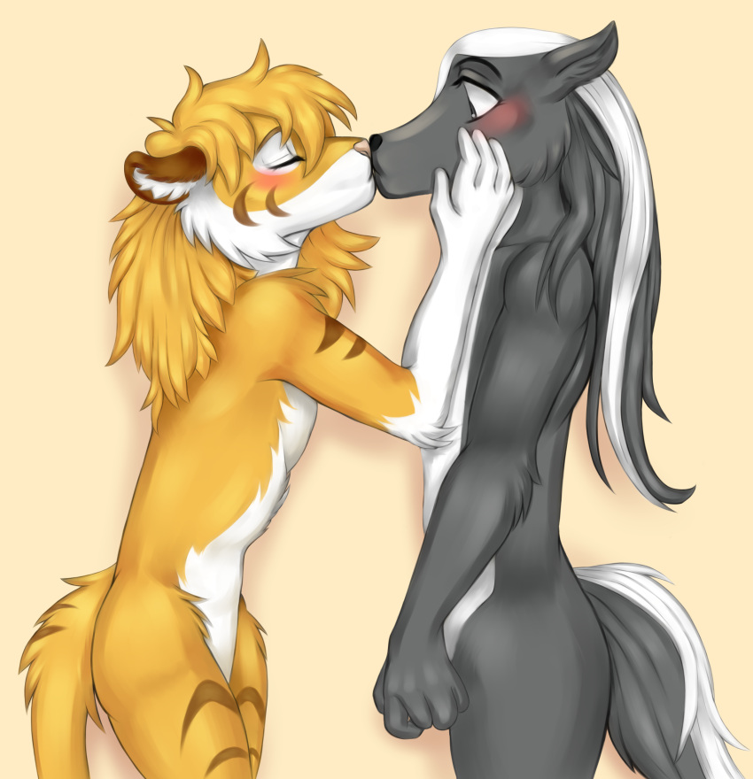 absurd_res alpha_(character) ambiguous_gender anthro black_body black_fur digital_media_(artwork) facing_partner felid female fur grabbing_head hair hi_res hybrid kissing liger lion male mammal mane mephitid pantherine ponytail skunk stripes tass_(tassy) white_body white_fur yellow_body yellow_fur