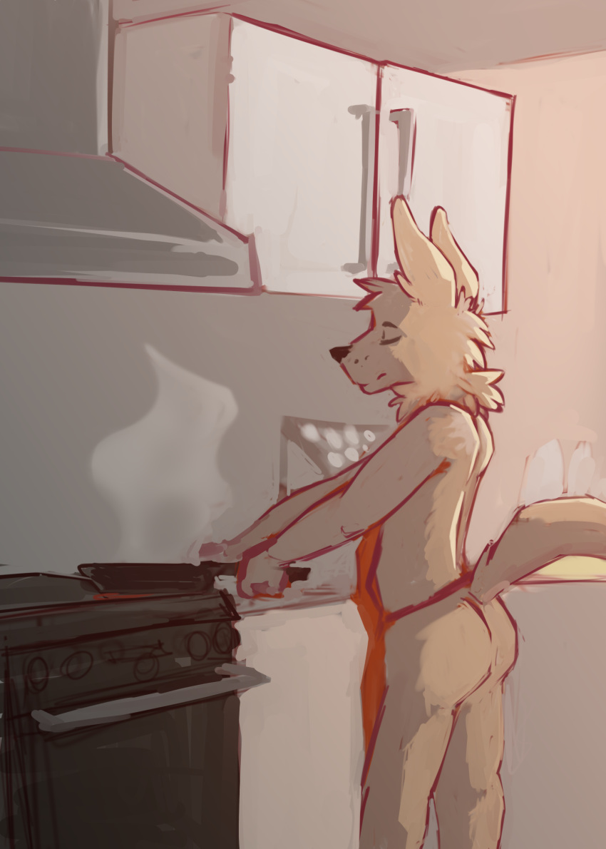 2020 anthro apron apron_only brown_body brown_fur butt canid canine canis clothing conditional_dnp cooking detailed_background digital_media_(artwork) domestic_dog elijah-draws eyes_closed fur hi_res inside kitchen light lighting male mammal mostly_nude shaded sitting solo