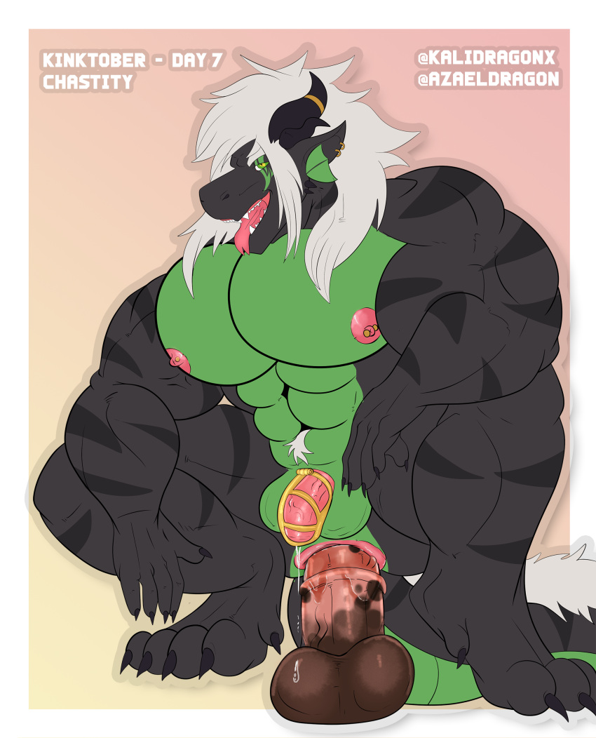 absurd_res anal anal_penetration animal_dildo animal_sex_toy anthro anthro_penetrated anus azael_dragonfang azaeldragon big_pecs black_body black_scales chastity_cage chastity_device dildo dildo_in_ass dildo_insertion dildo_sitting dragon ear_piercing equine_dildo forearm_muscles genitals green_body green_scales hair hi_res horn kalidragon looking_at_viewer male male_penetrated muscular muscular_anthro muscular_male nipple_piercing nipples pecs penetration penis piercing puffy_anus reptile scales scalie sex_toy sex_toy_in_ass sex_toy_insertion tongue tongue_out white_hair wingless_dragon