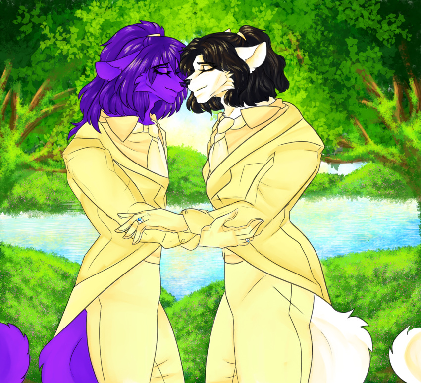 anthro black_hair boop cassielink clothing digital_drawing_(artwork) digital_media_(artwork) duo fluffy forest grass hair hi_res male male/male nature nose_boop nose_to_nose nuzzling plant purple_body purple_hair ring romantic romantic_couple sketch suit tree wedding