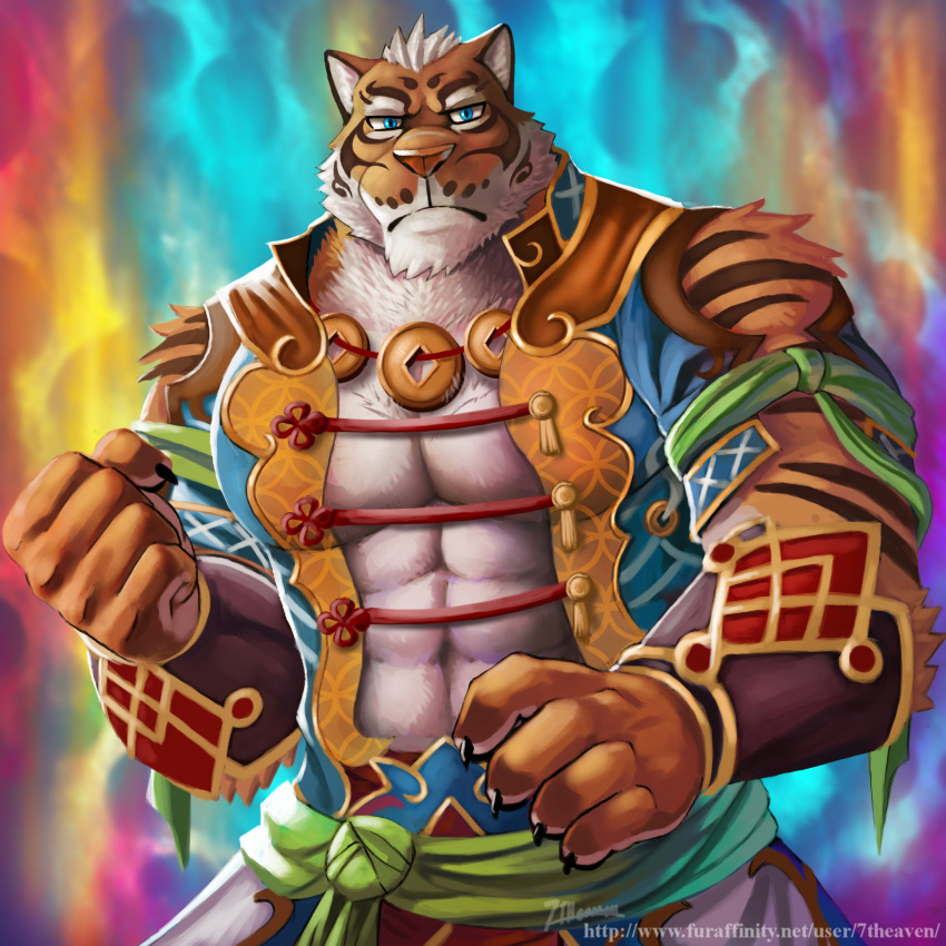 1:1 2018 5_fingers 7theaven absurd_res anthro blue_eyes clothing deity felid fingers fist furaffinity hi_res lin_hu male mammal muscular muscular_anthro muscular_male nekojishi pantherine solo studio_klondike text tiger url video_games visual_novel