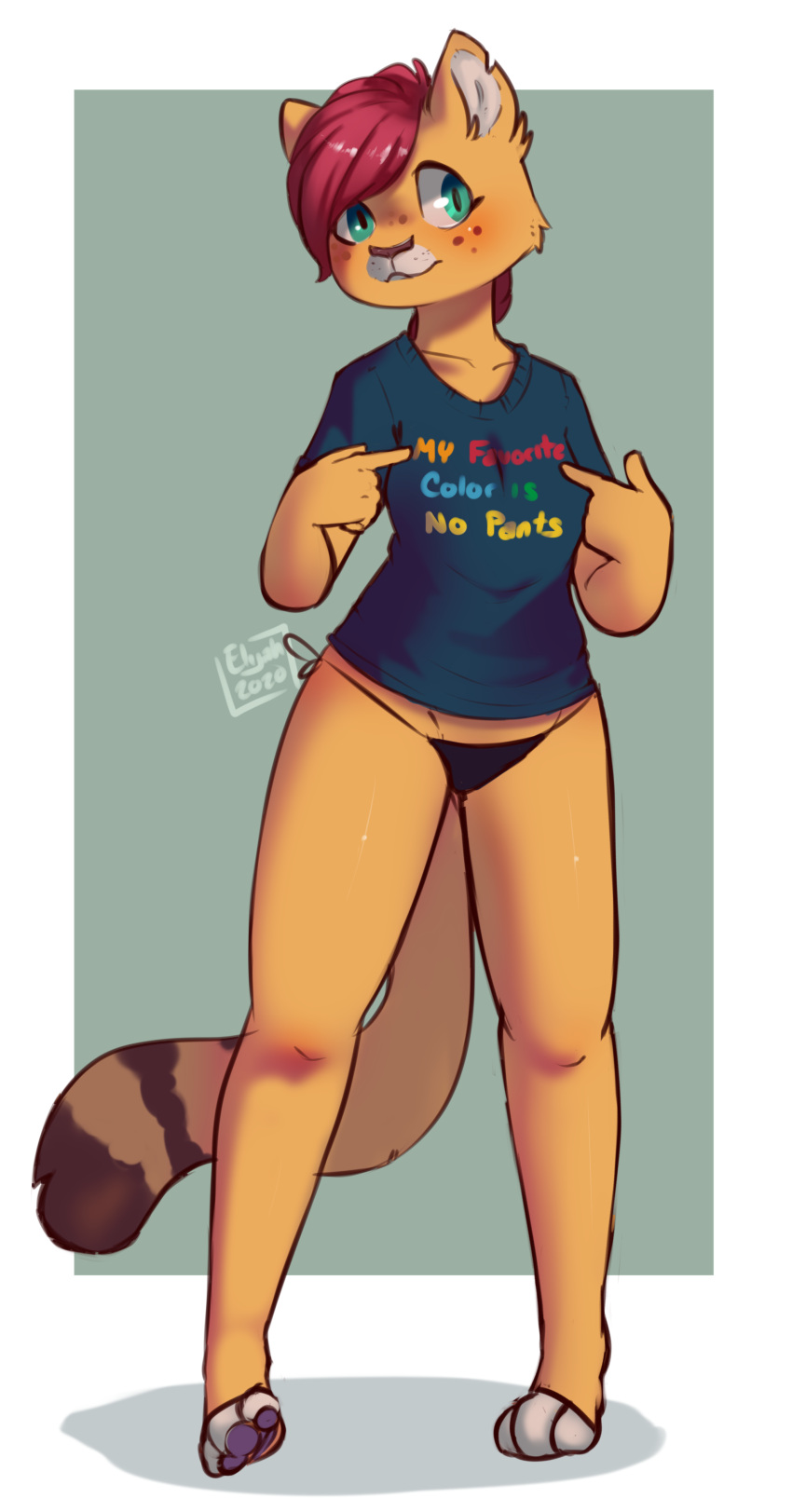 2020 absurd_res anthro clothing conditional_dnp digital_media_(artwork) domestic_cat elijah-draws felid feline felis female fur hi_res light lighting mammal shaded shirt solo standing text text_on_clothing text_on_shirt text_on_topwear thong topwear underwear yellow_body yellow_fur