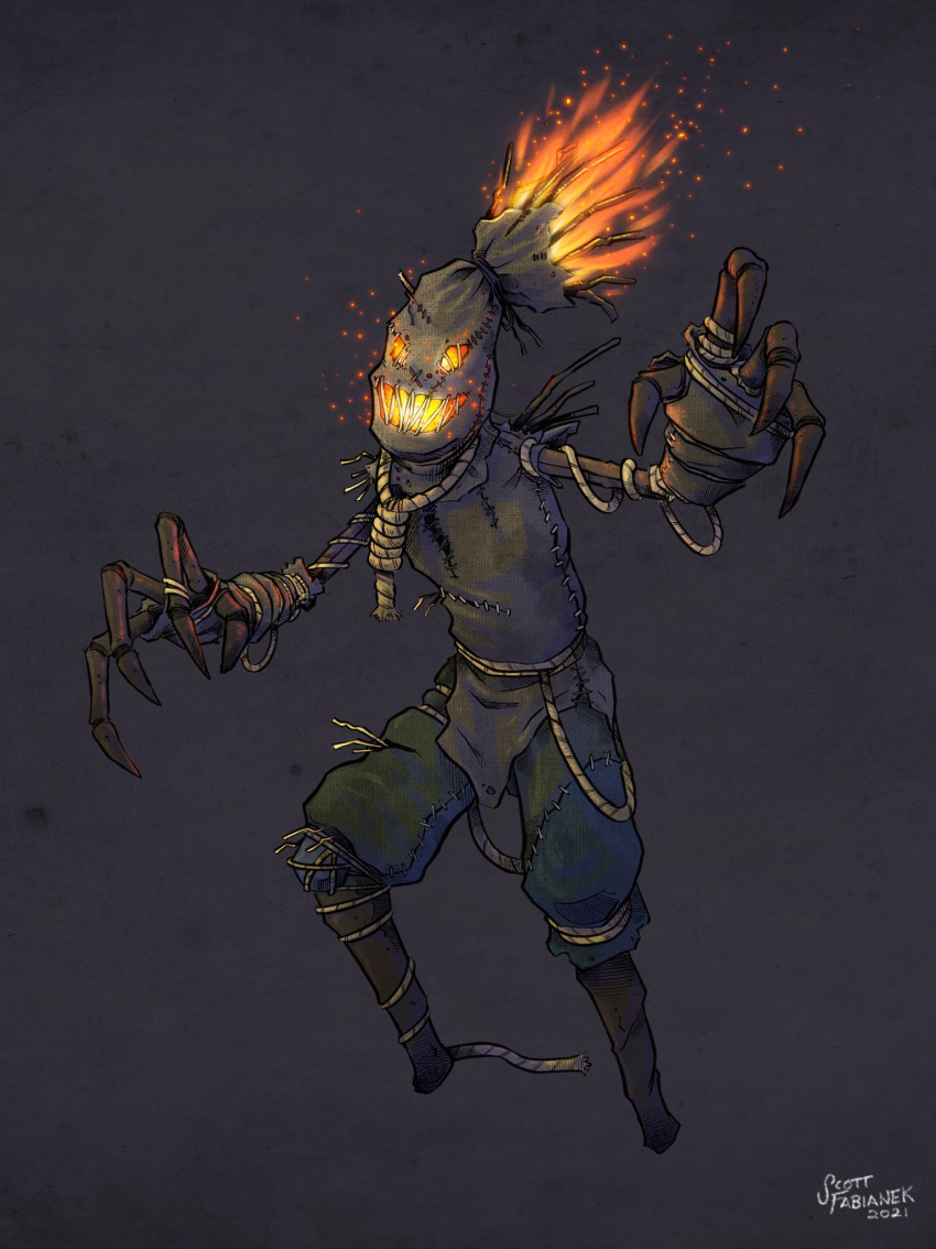 2021 ambiguous_gender biped clothed clothing fire flaming_hair glowing glowing_eyes glowing_mouth grey_background hi_res humanoid k-9 noose not_furry pseudo_hair rope scarecrow signature simple_background solo