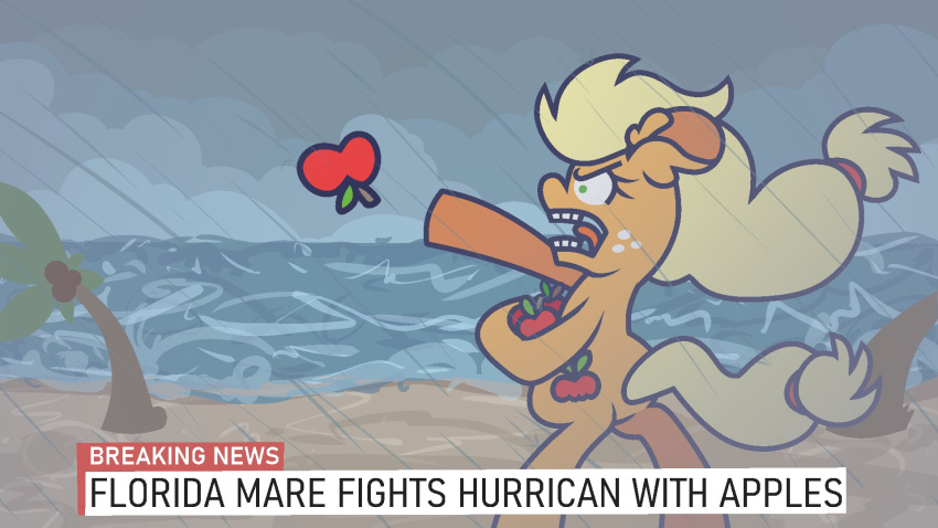 16:9 32232232 apple_(fruit) applejack_(mlp) blonde_hair coconut cutie_mark digital_media_(artwork) drupe_(fruit) earth_pony equid equine female feral food friendship_is_magic fruit fur green_eyes hair hasbro hi_res horse hurricane mammal my_little_pony news orange_body orange_fur plant pony sea solo teeth text throwing tongue tree water widescreen