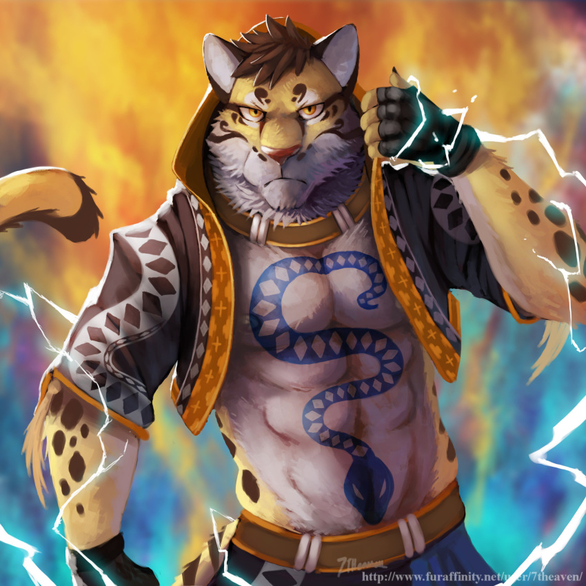 1:1 2017 7theaven absurd_res anthro bottomwear clothing clouded_leopard deity electricity felid fingerless_gloves fur furaffinity gloves handwear hi_res hoodie likulau male mammal muscular muscular_anthro muscular_male nekojishi pantherine shorts solo spots spotted_body studio_klondike tattoo text topwear url video_games visual_novel yellow_eyes