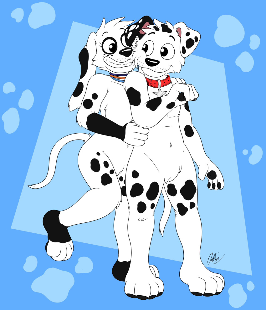 101_dalmatian_street 101_dalmatians 3_fingers 4_toes black_spots blue_background canid canine canis collar covered_breasts dalmatian disney doggettdouglasmcdog dolly_(101_dalmatians) domestic_dog duo dylan_(101_dalmatians) embrace feet female fingers hi_res hug male male/female mammal red_collar simple_background smile spots star teth toes