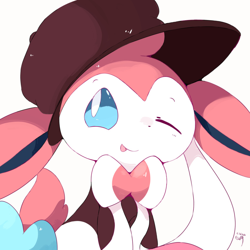 1:1 blue_body blue_eyes blue_fur celandine clothed clothing digital_media_(artwork) eeveelution feral flurfuchs fur hat headgear headshot_portrait headwear hi_res icon multicolored_body nintendo one_eye_closed open_mouth pink_body pink_fur pok&eacute;mon pok&eacute;mon_(species) portrait ribbons signature simple_background solo sylveon video_games white_body white_fur