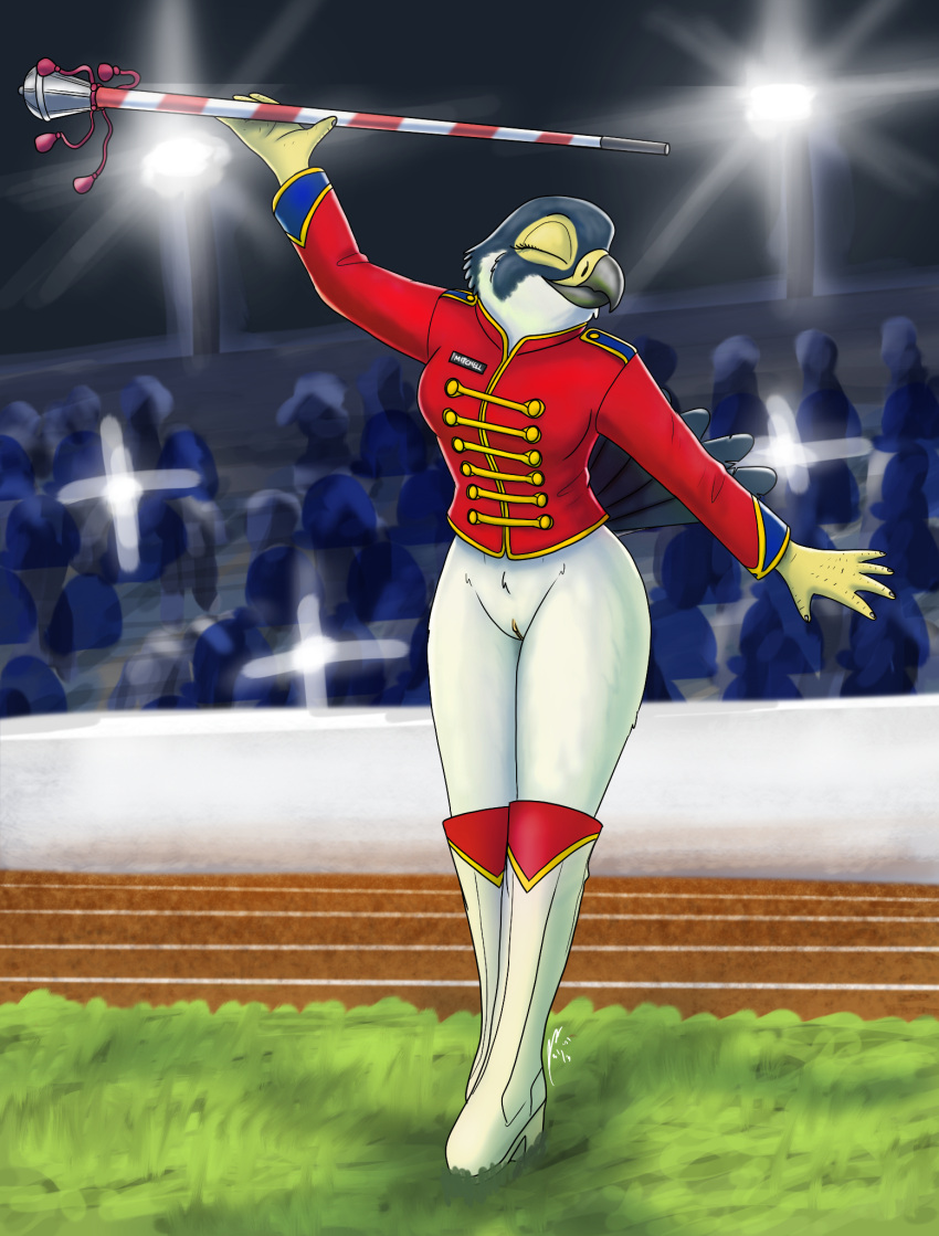 anthro avian bird boots bottomless breasts clothed clothing exhibitionism falcon falconid female fish_birb footwear genitals hi_res katie_(fish_birb) marching marching_band_uniform no_underwear partially_clothed peregrine_falcon public pussy solo