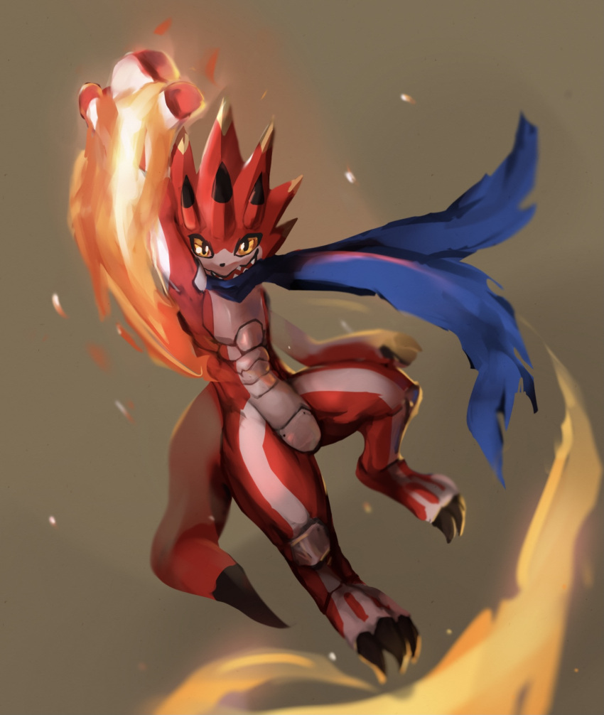 abs anthro bandai_namco betelgammamon claws digimon digimon_(species) digimon_ghost_game dragon fire hi_res horn li_(pixiv) male red_body scarf slim solo uppercut yellow_eyes