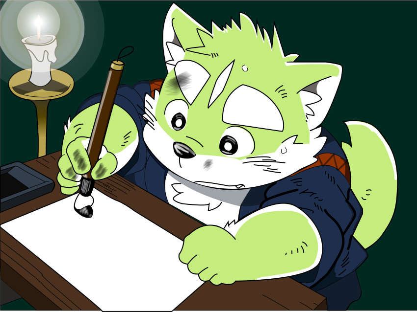 2021 absurd_res anthro asian_clothing black_nose canid canine canis clothed clothing domestic_dog east_asian_clothing fur green_background green_body green_fur hi_res humanoid_hands japanese_clothing male mammal minhkhoa12h simple_background solo the_spicy_ninja_scrolls wasabi_(the_spicy_ninja_scrolls) white_body white_fur