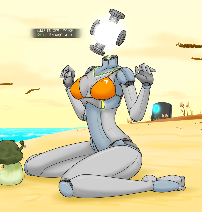 2020 alien_planet beach bikini blue_body blue_skin breasts cleavage clothed clothing crossgender detailed_background digital_media_(artwork) feet female fingers for_a_head fungus grey_body grey_skin hi_res humanoid machine multicolored_body multicolored_skin mushroom no_man's_sky not_furry object_head robot robot_humanoid sandwich-anomaly sea seaside solo swimwear thick_thighs toes traveller_(no_man's_sky) water