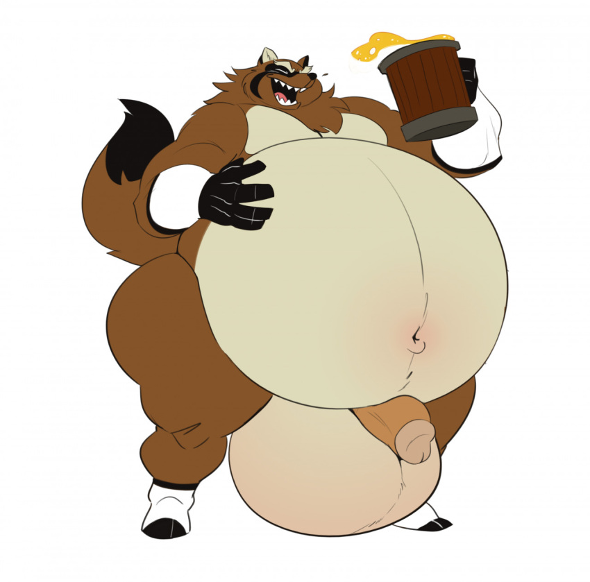 alcohol anthro balls beer belly beverage big_balls big_belly brown_body brown_fur canid canine fur genitals hi_res huge_balls hyper hyper_balls hyper_belly hyper_genitalia male mammal obese overweight overweight_male penis raccoon_dog solo tanuki thewilldpink