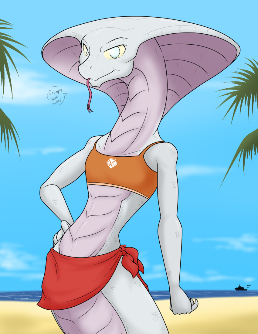 2020 agent_torque anthro apode beach clothing cobra crop_top detailed_background digital_media_(artwork) draconcopode english_text female fingers flat_chested forked_tongue grey_eyes hand_on_hip hi_res legless long_tongue looking_at_viewer multicolored_body multicolored_scales naga outside pink_body pink_scales reptile sandwich-anomaly scales scalie sea seaside serpentine shirt snake snake_hood solo standing text tongue tongue_out topwear two_tone_body two_tone_scales video_games viper_(x-com) water white_body white_scales x-com x-com:_chimera_squad