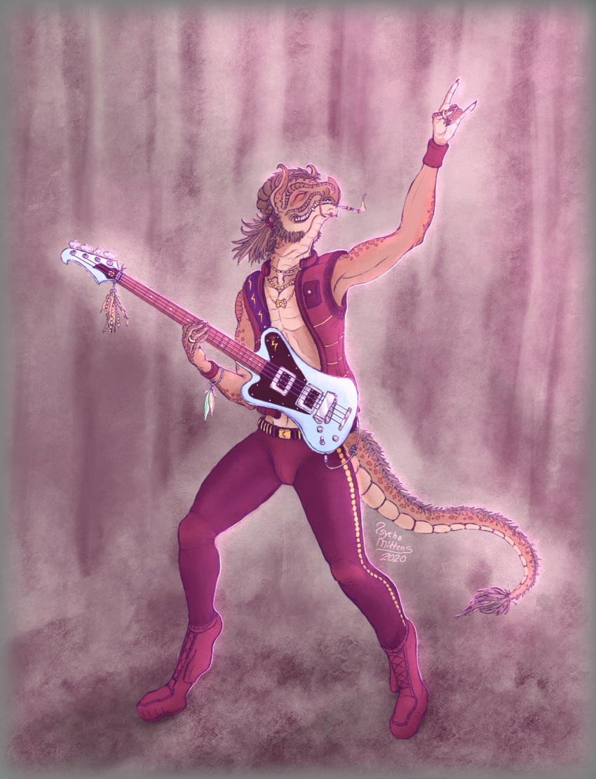anthro armband barbel_(anatomy) bass_guitar boots bottomwear bracelet bulge cigarette clothing digitigrade dragon eyes_closed feathers footwear gold_(metal) gold_jewelry gold_stripes grin guitar hair hi_res horn jewelry lizard looking_up male musical_instrument musician necklace pants plucked_string_instrument ponytail psychomittens purple_clothing raised_arm reptile ring scales scalie scar simple_background smile smoking solo string_instrument tight_clothing topwear vest