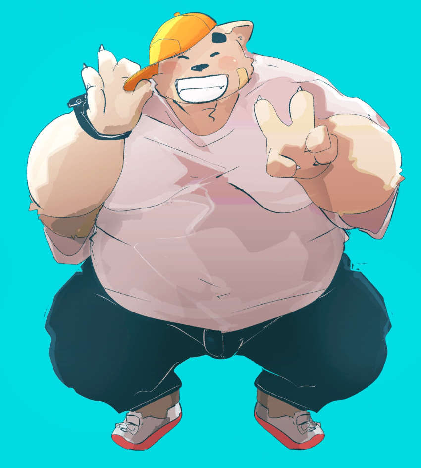 2021 anthro band-aid bandage belly black_nose blue_background blush bottomwear canid canine canis clothing domestic_dog dumdum eyes_closed hat headgear headwear hi_res humanoid_hands kemono male mammal obese overweight overweight_male pants shirt simple_background solo topwear