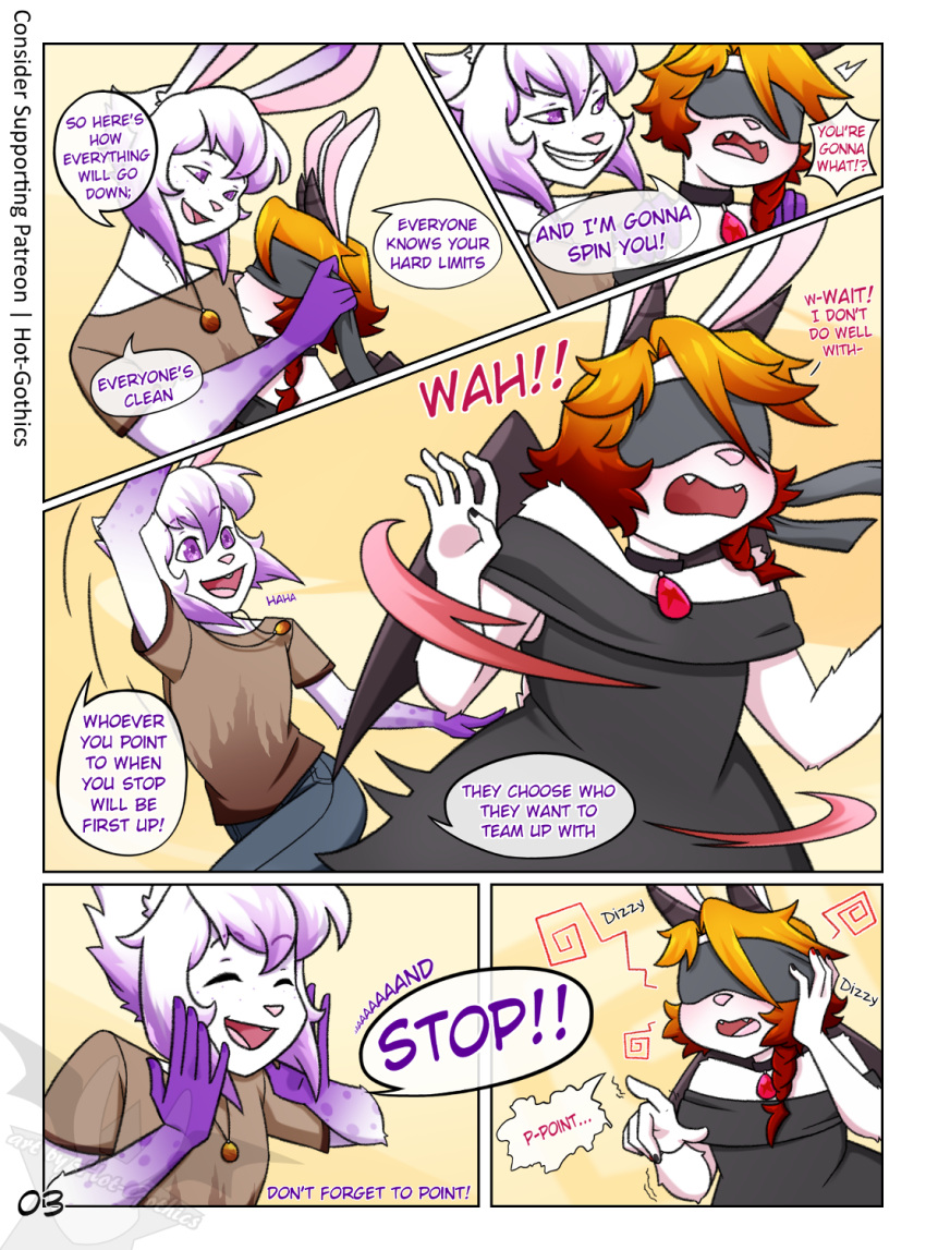 anthro blush butt clothed clothing comic dialogue dimitri_(hot-gothics) dragon duo embarrassed english_text female goth hair hi_res horn hot-gothics humor hybrid lagomorph leporid male male/female mammal meme morphi_(character) rabbit red_hair silly teasing text wings