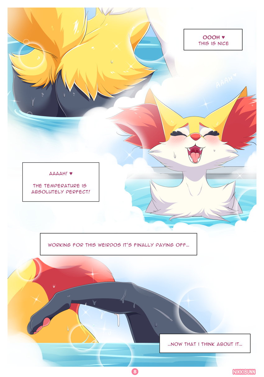 &lt;3 absurd_res bath blush bodily_fluids braixen butt butt_shot comic dark_text ellie_the_braixen english_text eyelashes eyes_closed fur heart_after_text hi_res internal_monologue looking_pleasured male male_(lore) nikkibunn nintendo number open_mouth page_number pawpads pok&eacute;mon pok&eacute;mon_(species) purple_heart purple_text signature solo sweat teeth text text_box text_with_heart thick_eyelashes tongue video_games water wet white_body white_fur yellow_body yellow_fur