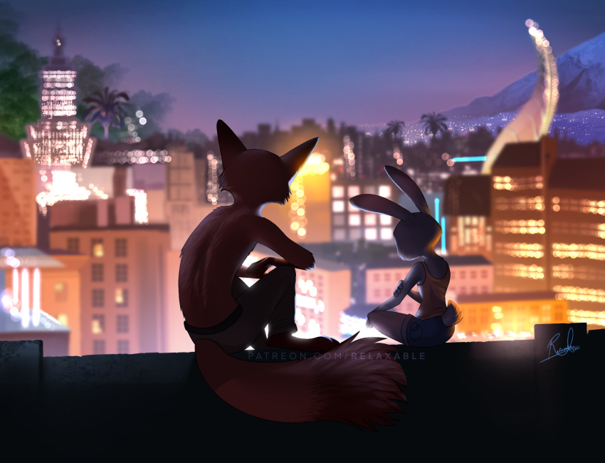 2021 anthro barefoot bottomwear building canid canine cheek_tuft city clothed clothing detailed_background digital_media_(artwork) dipstick_ears dipstick_tail disney duo elbow_tuft facial_tuft feet female fluffy fluffy_tail fox fully_clothed fur hi_res judy_hopps lagomorph leporid light lighting male mammal markings mountain multicolored_ears nick_wilde night outside palm_tree plant rabbit rear_view red_fox relaxable relaxablefur scut_tail shaded shirt short_tail shorts signature sitting size_difference tail_markings tank_top topless topwear tree tuft zootopia