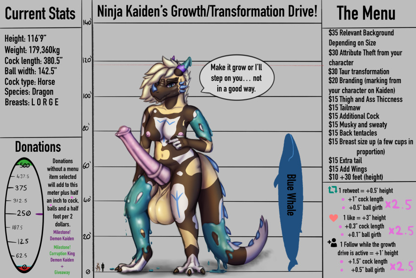 animal_genitalia animal_penis anthro baleen_whale balls big_balls big_penis blonde_hair blue_whale body_size_growth breasts canid canine cetacean chart claws dialogue dragon english_text equine_penis genitals goo_(disambiguation) goo_transformation growth growth_drive growth_sequence hair height_chart herm hi_res horn huge_balls huge_penis hyper hyper_balls hyper_genitalia hyper_penis intersex kaiden long_hair macro mammal marine micro ninja_kaiden nipples penis silhouette size_transformation solo solo_focus speech_bubble text thick_thighs transformation